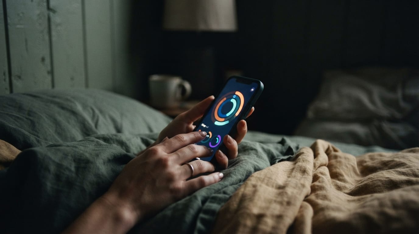 A hand holding a phone glowing with abstract health-dashboard rings in the dark, evoking self-tracking in Encinitas