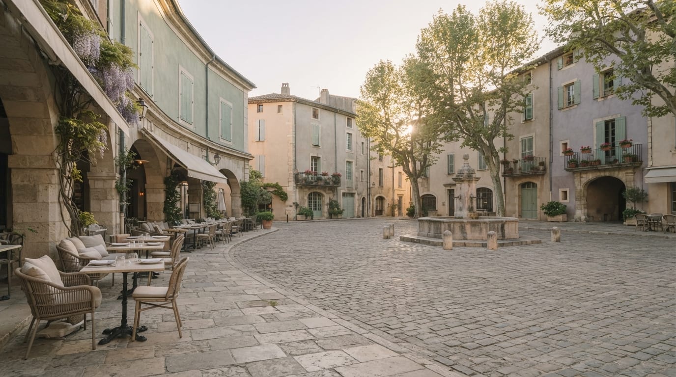 A warm family town square with cafe patios in golden light, calm and welcoming, evoking Gilbert