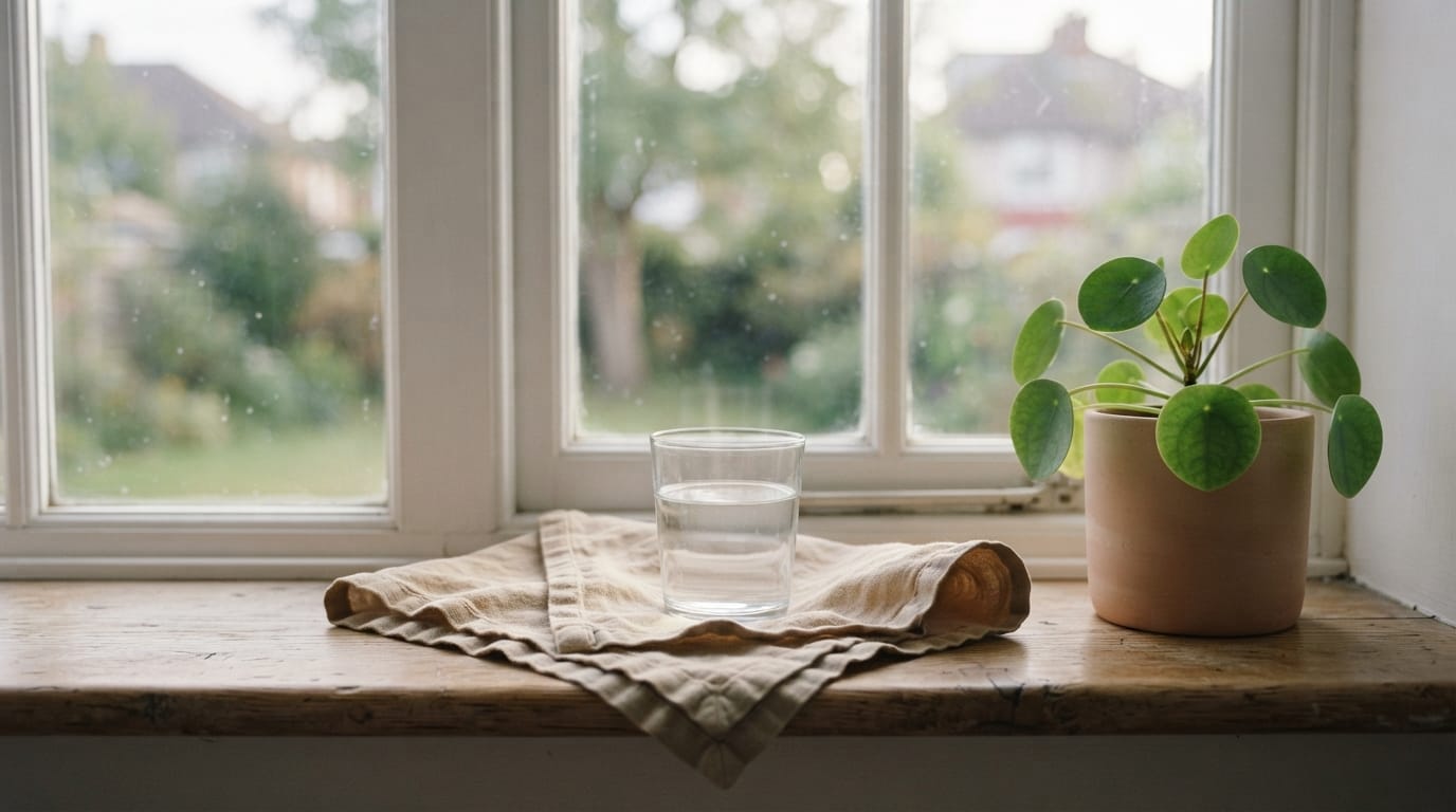Calm morning light on a simple table with a glass of water, evoking relief and clinical clarity in Gilbert