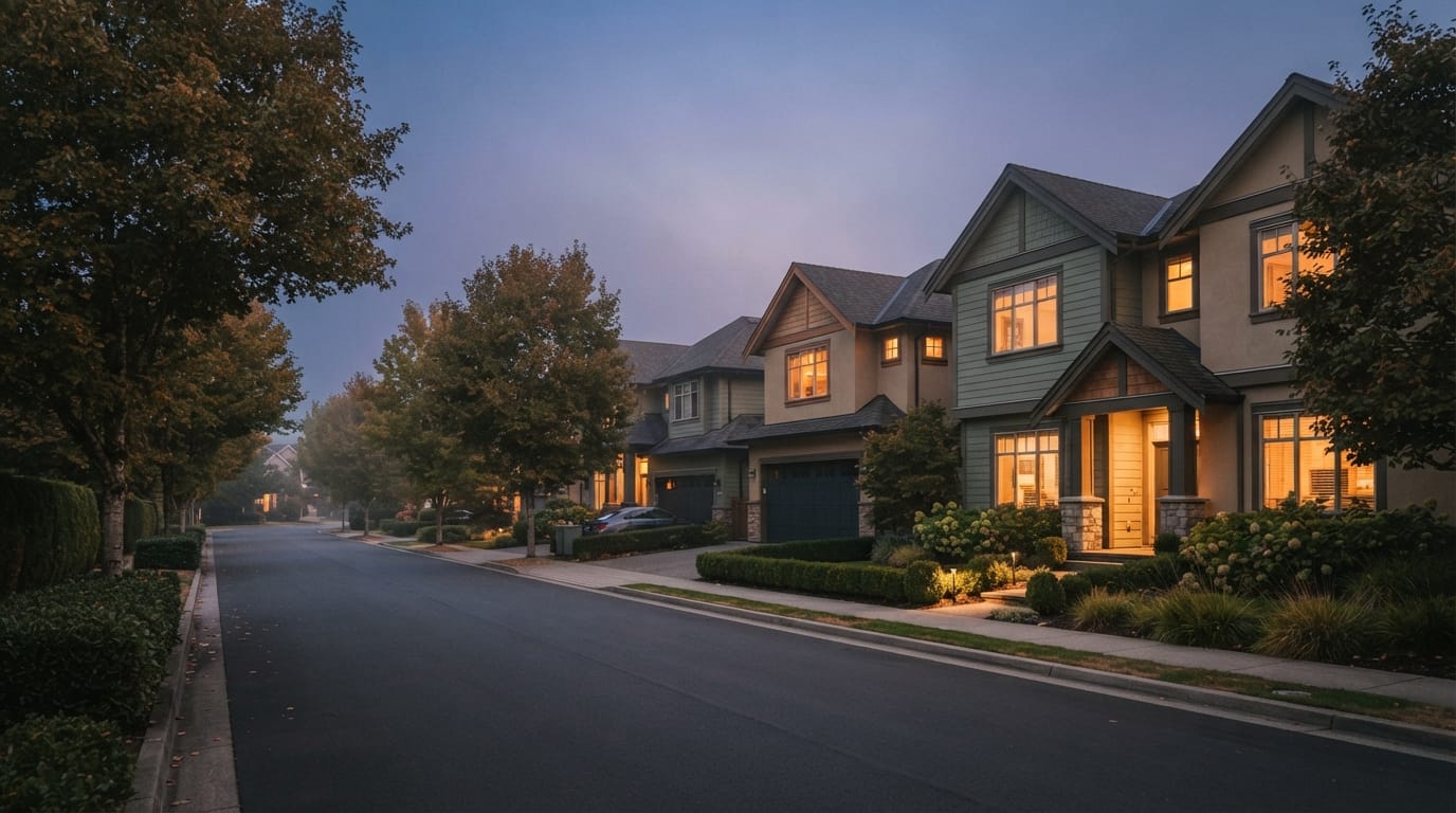 A tidy suburban home street at dusk with warm lit windows, orderly and quiet, evoking Gilbert