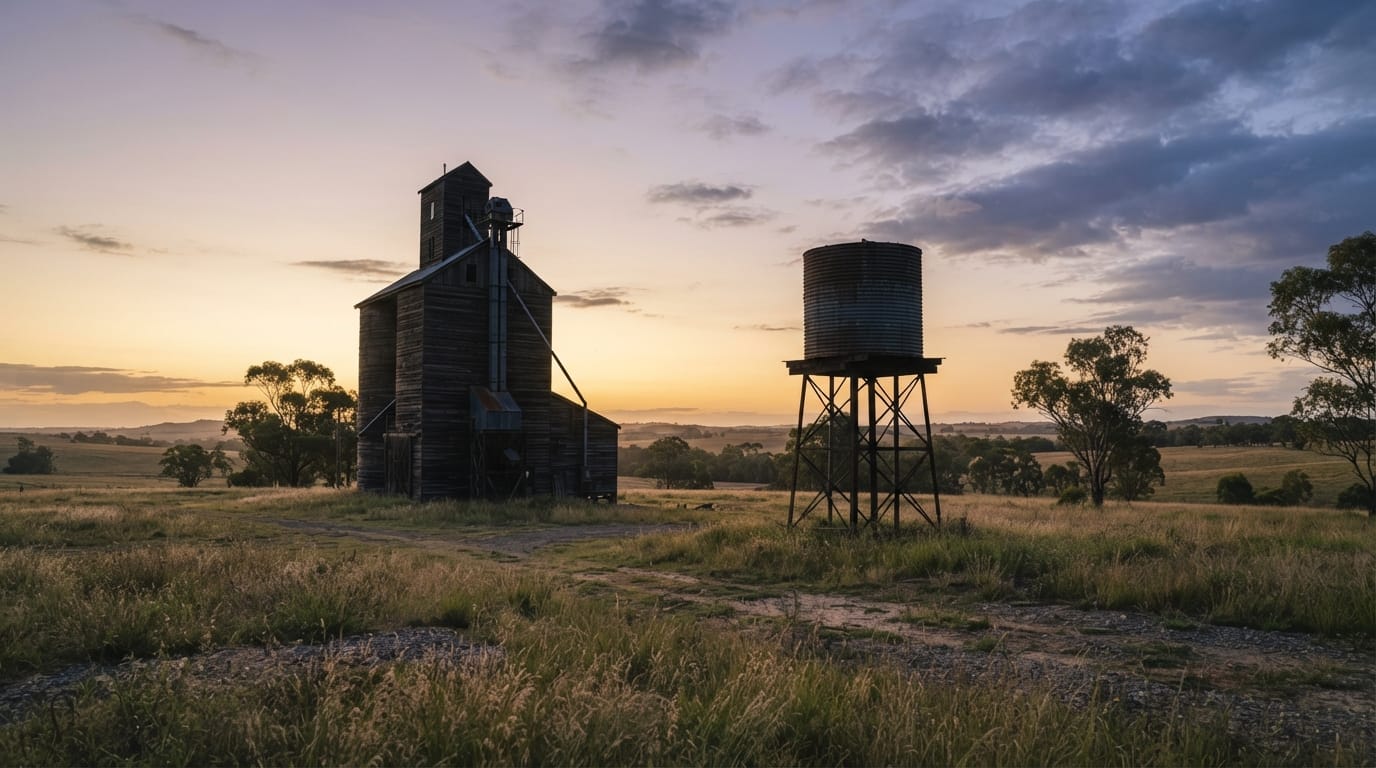 A vintage grain silo and water-tower silhouette at golden hour, evoking Gilbert’s hay-shipping heritage