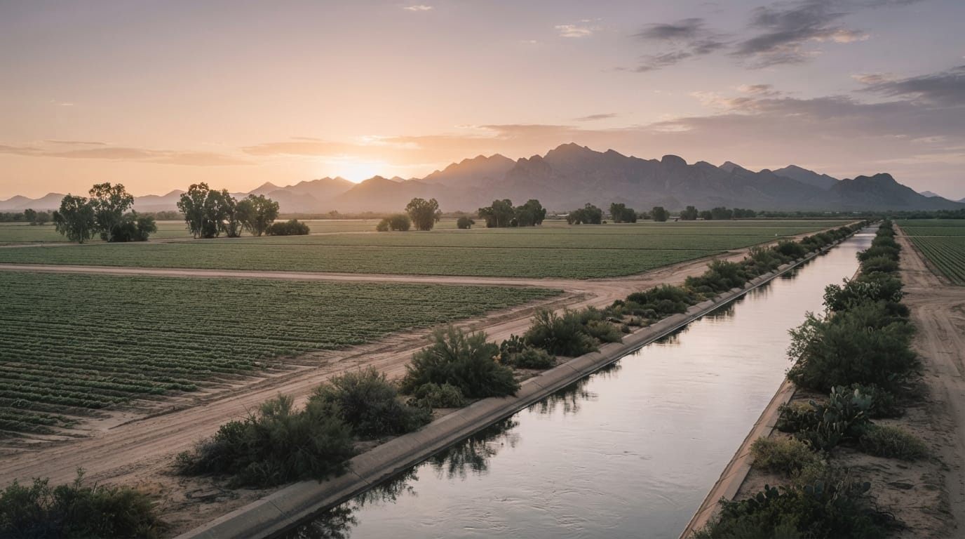 Sonoran desert farmland and irrigation canals at dawn with a warm open sky, evoking Gilbert