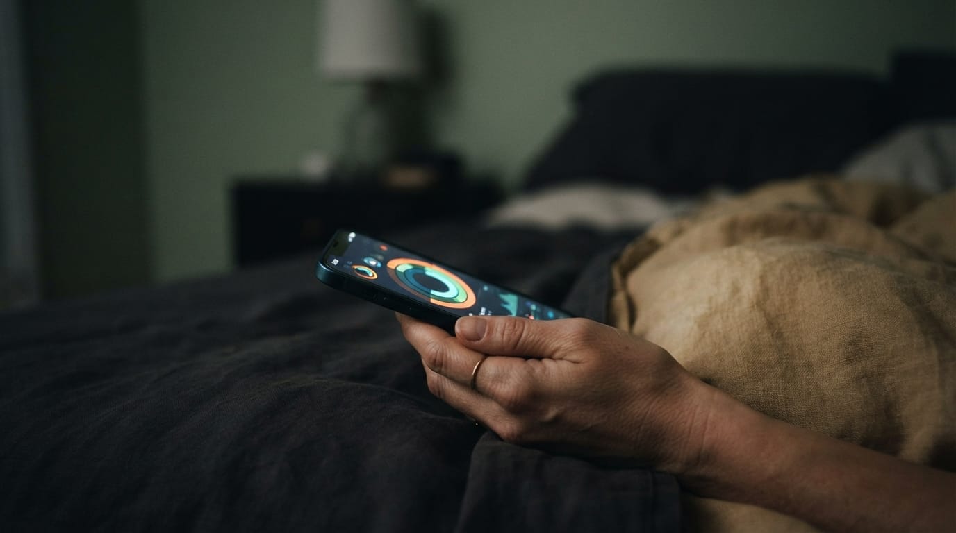 A hand holding a phone glowing with abstract health-dashboard rings in the dark, evoking the biomarker-tracking loop in Gilbert