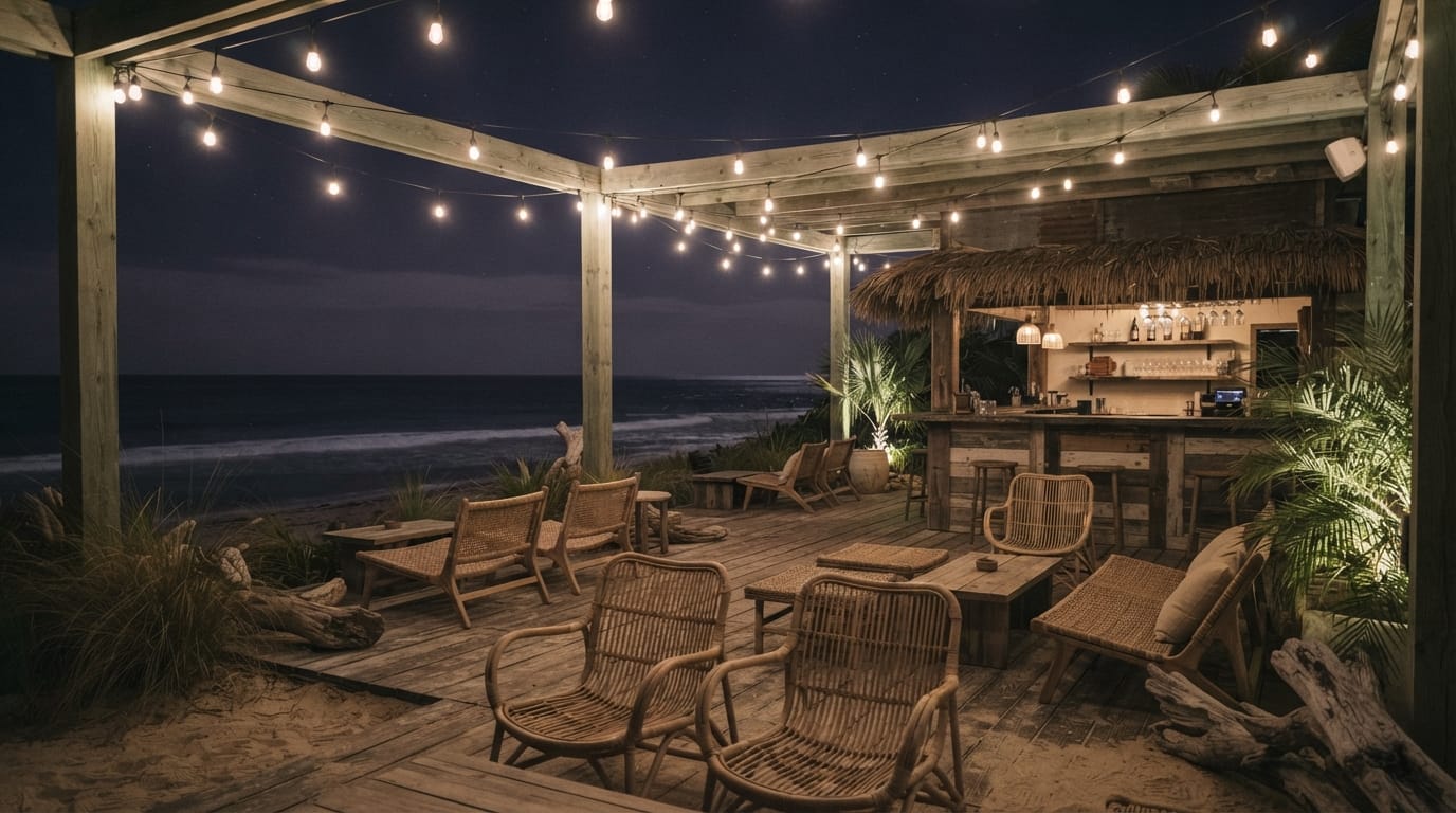 An empty beach bar patio late at night with string lights, warm and hollow, evoking Hermosa Beach