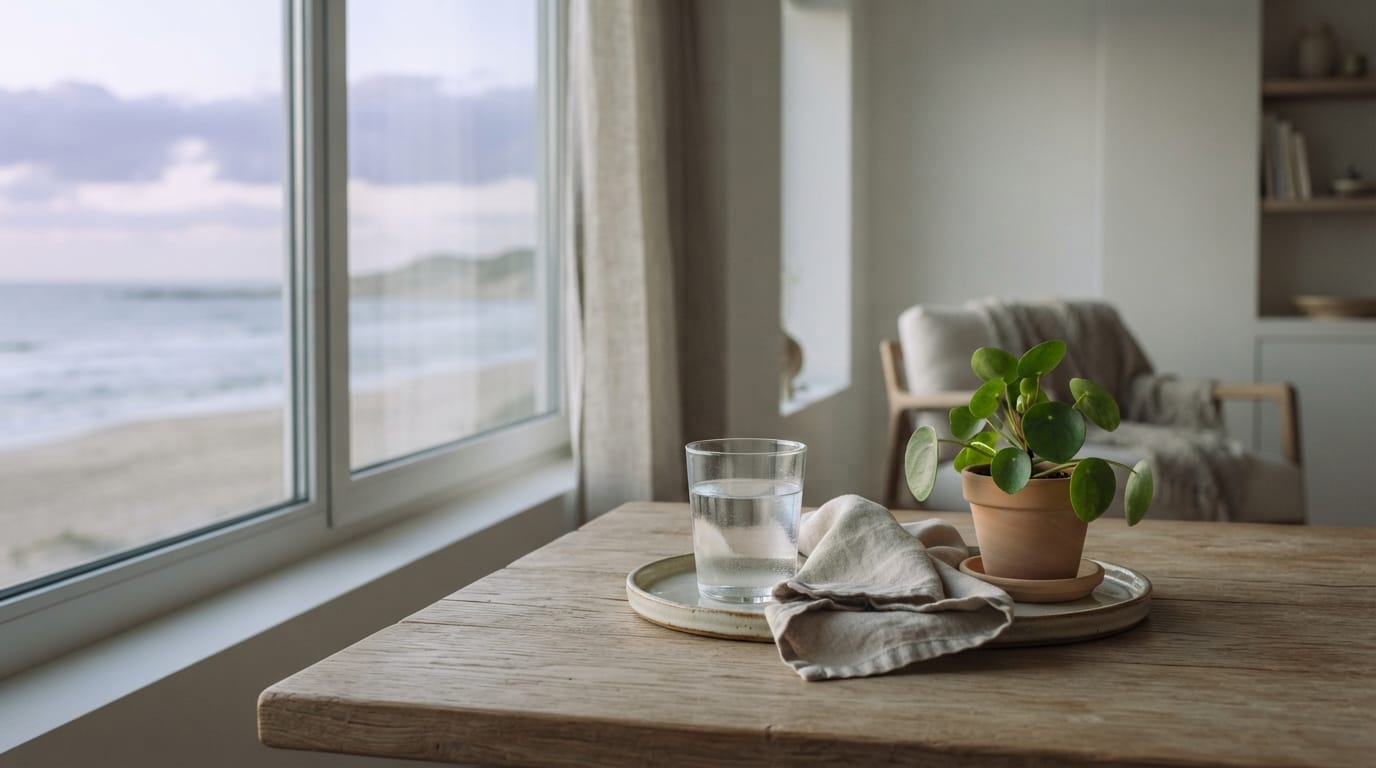 Calm morning light on a simple table with a glass of water, evoking relief and clinical clarity in Hermosa Beach