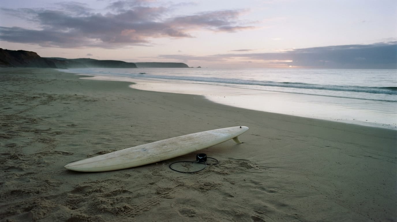 A single surfboard on empty sand at dawn after a long night, quiet after the noise, evoking Hermosa Beach