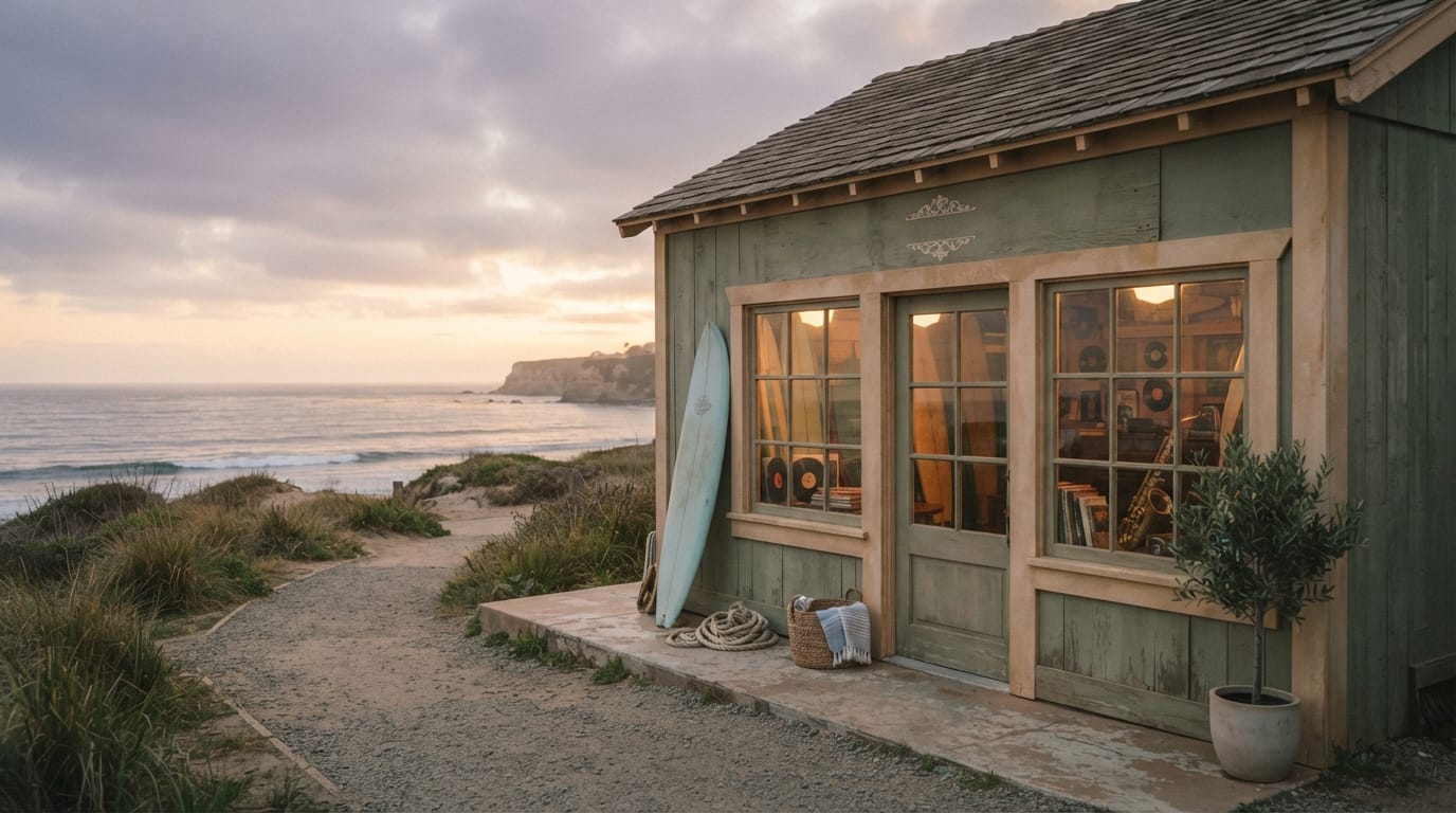 A vintage surf-and-jazz-era beach storefront at golden hour, evoking Hermosa Beach