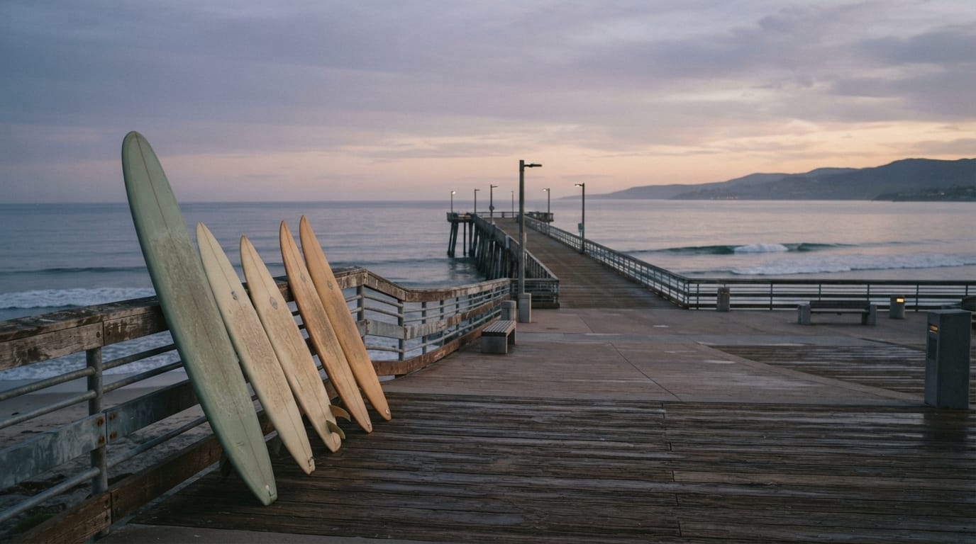 A lively but empty beach pier plaza at dawn with surfboards leaning against a rail, evoking Hermosa Beach