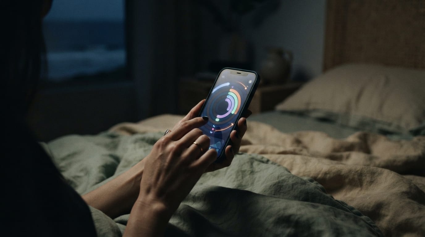 A hand holding a phone glowing with abstract health-dashboard rings in the dark, evoking the biomarker-tracking loop in Hermosa Beach