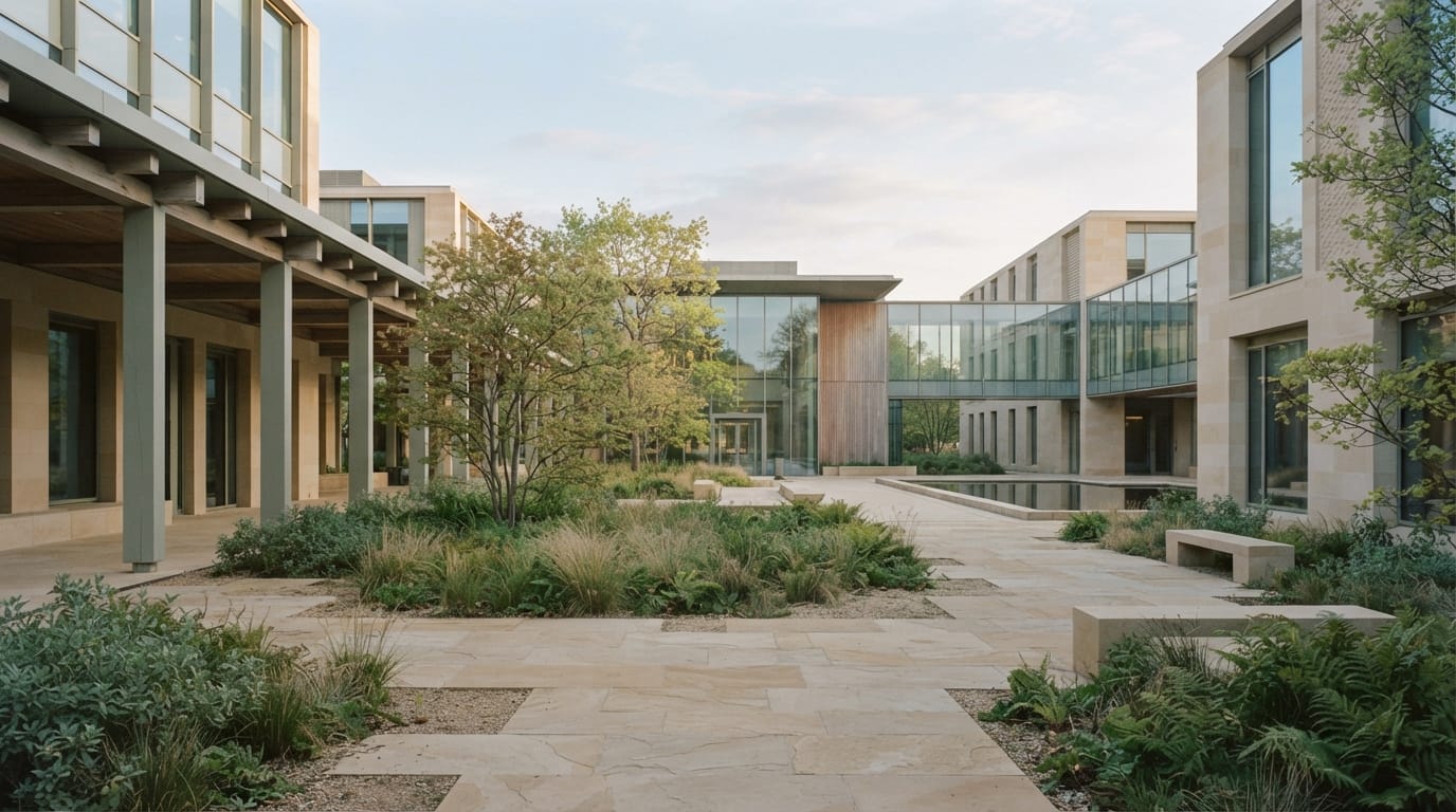 A pristine modern university courtyard, empty, soft morning light, evoking Irvine’s UC Irvine anchor