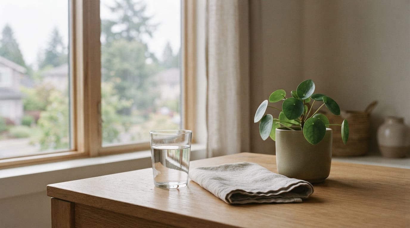 Calm morning light on a simple table with a glass of water, evoking relief and clinical clarity in Irvine