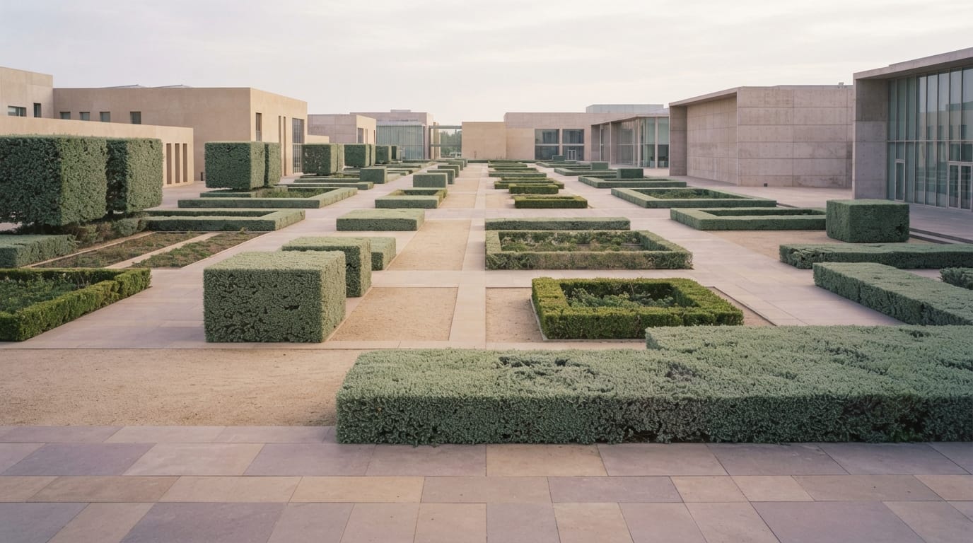 An immaculate empty plaza with geometric hedges, orderly and impersonal, evoking Irvine