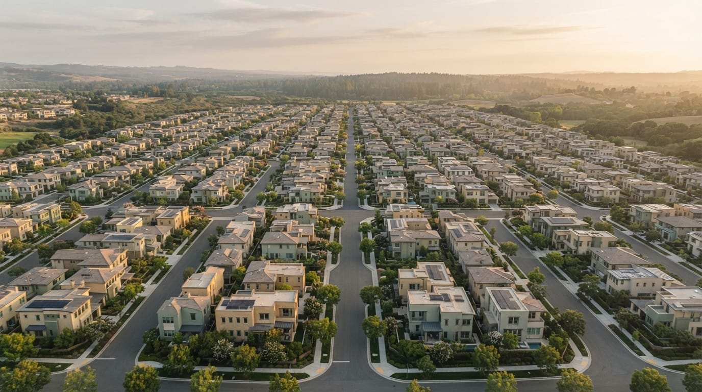 A vast orderly master-planned neighborhood seen from above at golden hour, a perfect grid, evoking Irvine