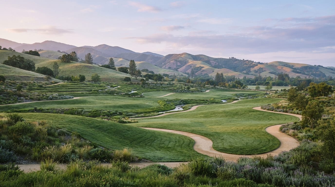 Rolling planned parklands and foothills at dawn, immaculate and green, evoking Irvine