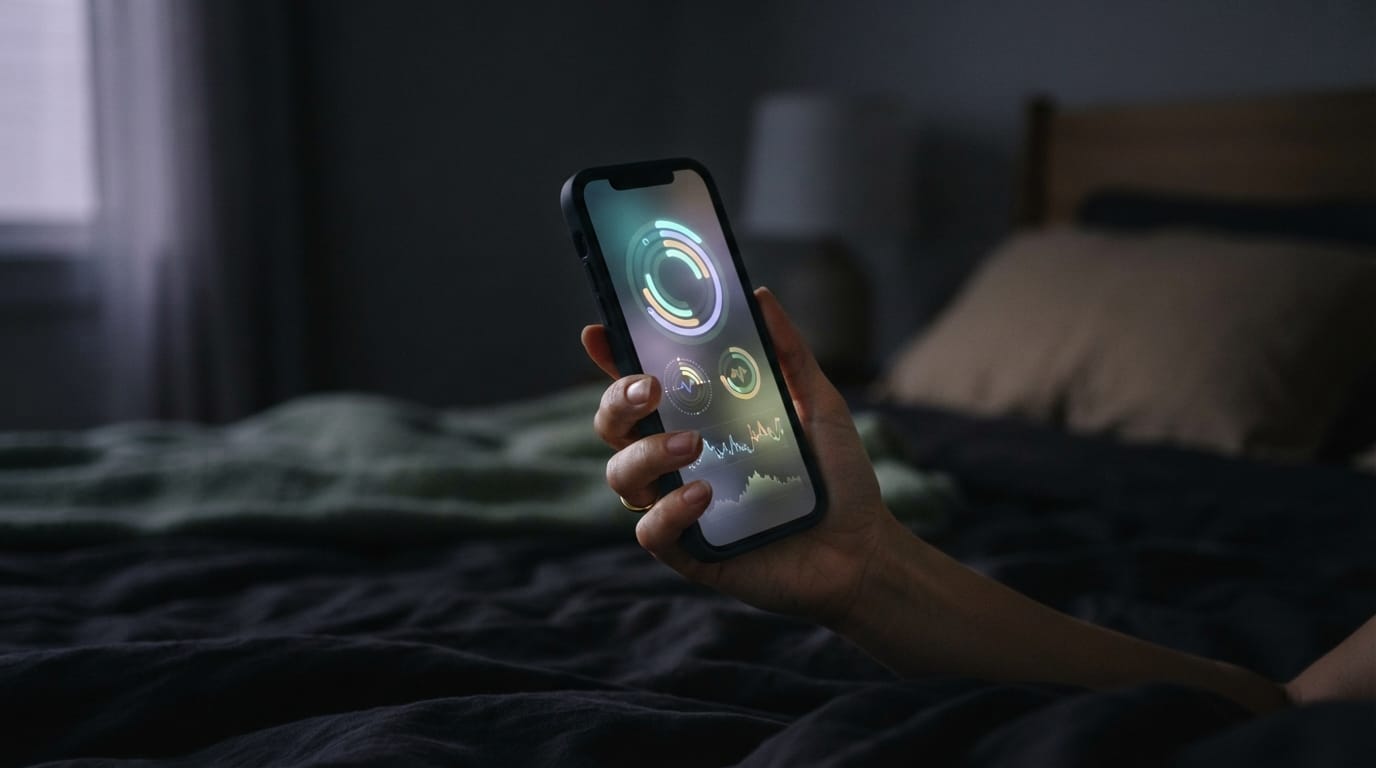 A hand holding a phone glowing with abstract health-dashboard rings in the dark, evoking the biomarker-tracking loop in Irvine