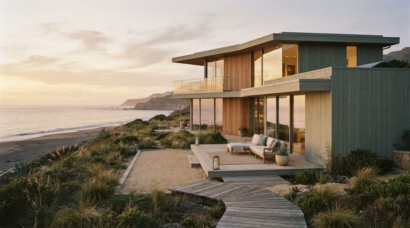 A beautiful modern beach house exterior in warm evening light, aspirational, evoking Manhattan Beach