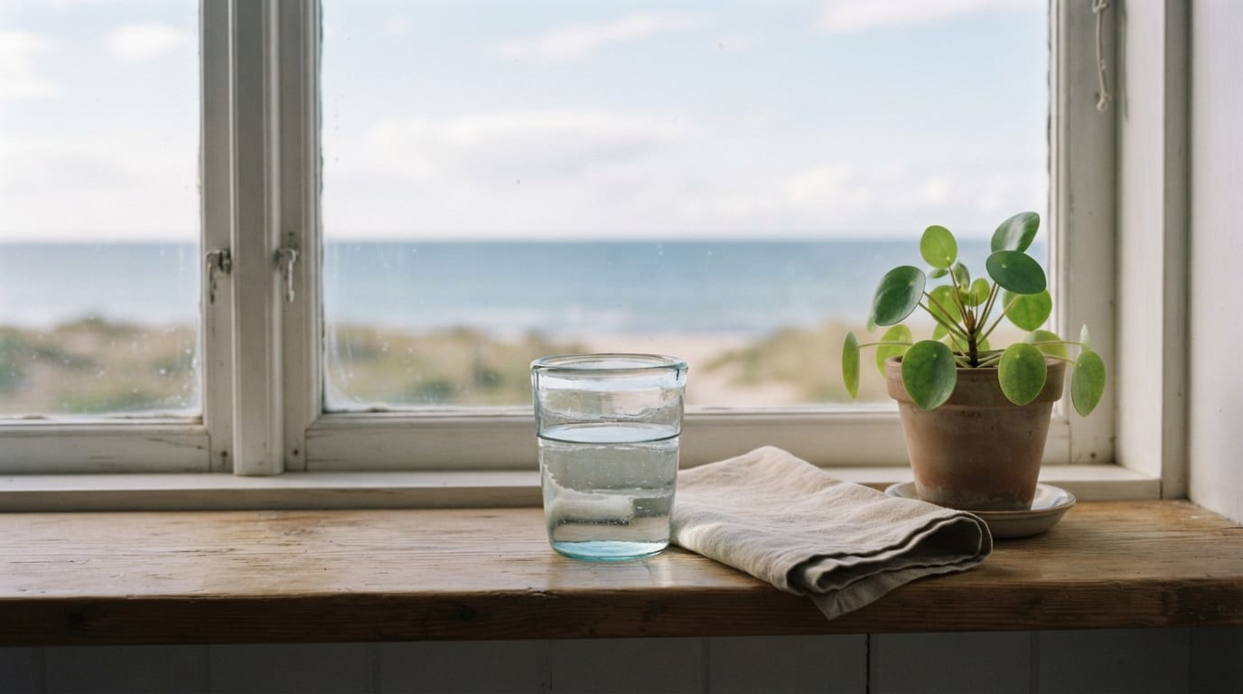 Calm morning light on a simple table with a glass of water, evoking relief and clinical clarity in Manhattan Beach