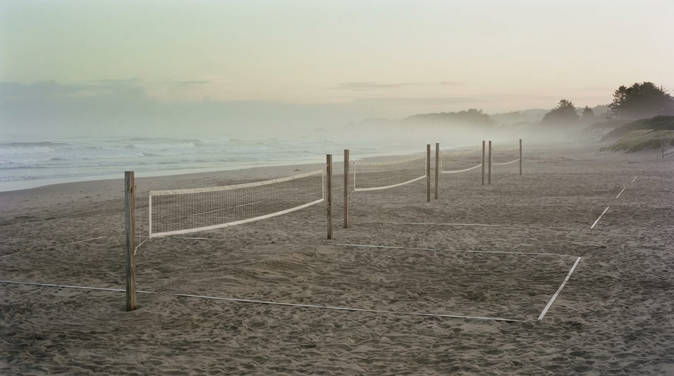Empty beach volleyball courts on the sand at dawn, evoking Manhattan Beach