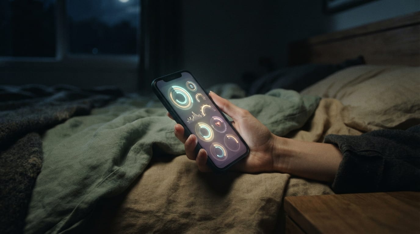 A hand holding a phone glowing with abstract health-dashboard rings in the dark, evoking the biomarker-tracking loop in Manhattan Beach
