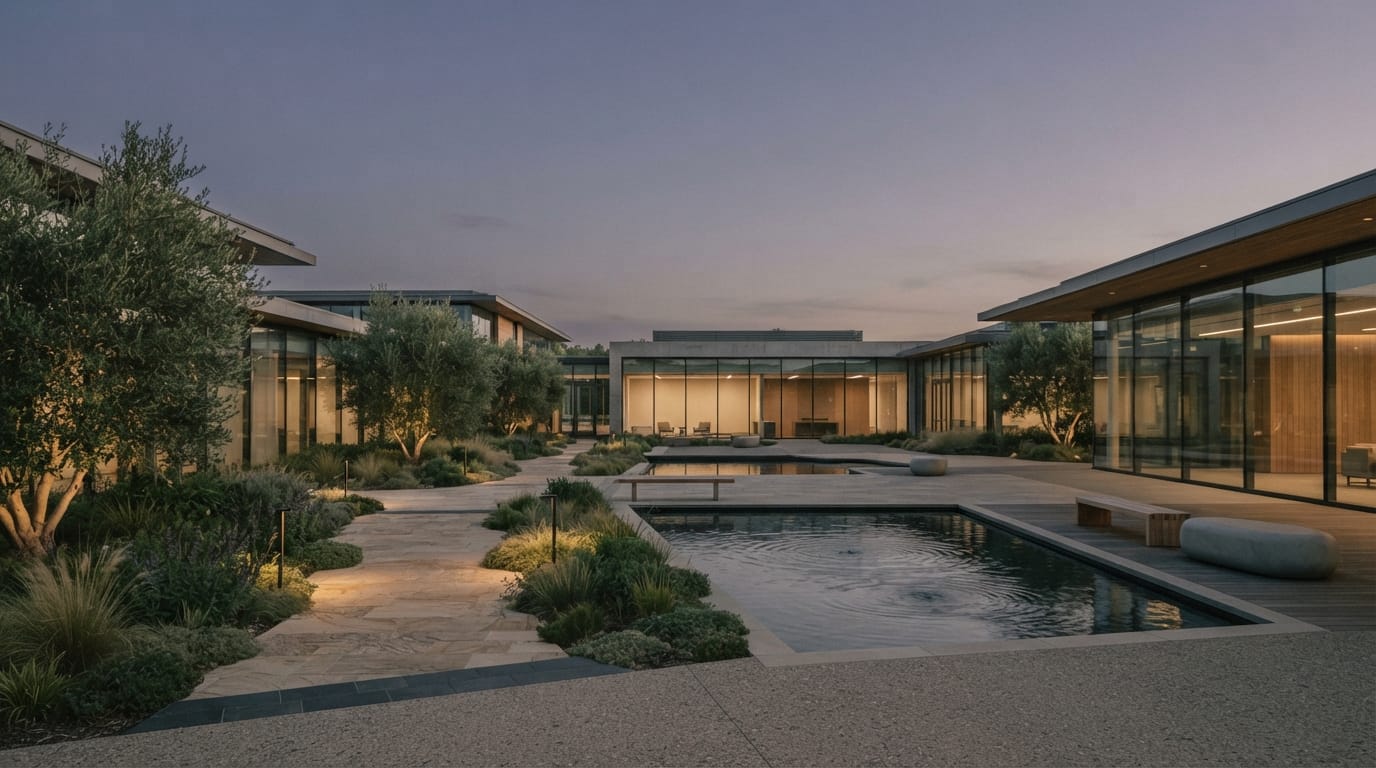 An empty modern glass corporate campus courtyard at dusk, evoking Menlo Park venture capital