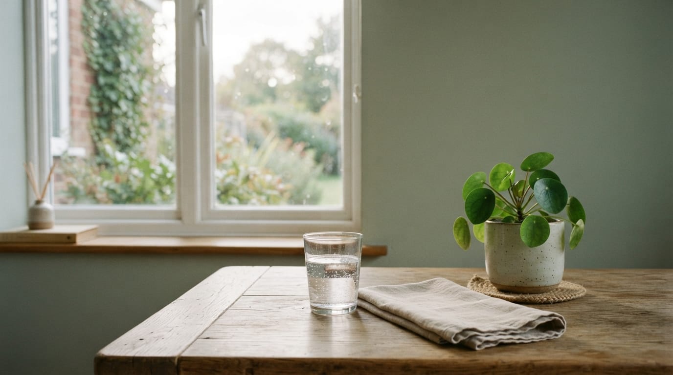 Calm morning light on a simple table with a glass of water, evoking relief and clinical clarity in Menlo Park