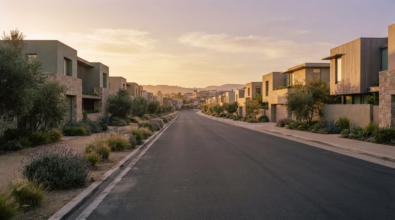 A single long road lined with low discreet buildings at golden hour, evoking Menlo Park’s quiet capital
