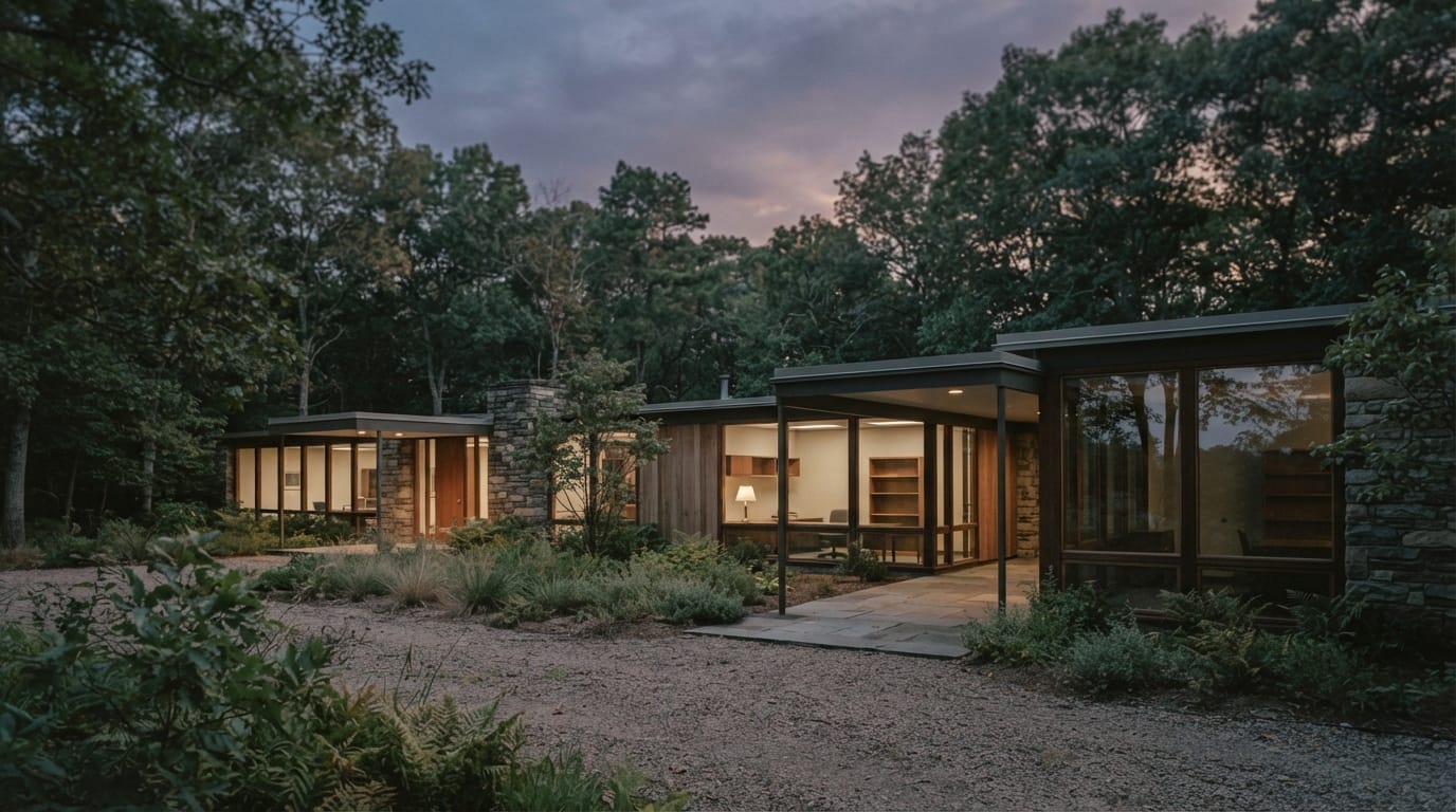 A vintage low mid-century modern office building among trees at dusk, evoking Menlo Park’s research heritage