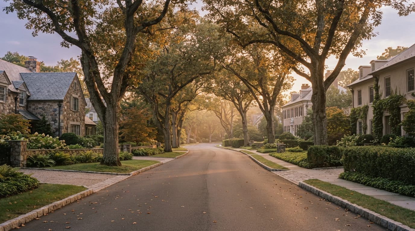 A quiet tree-lined suburban avenue of old oaks at golden hour, evoking Menlo Park