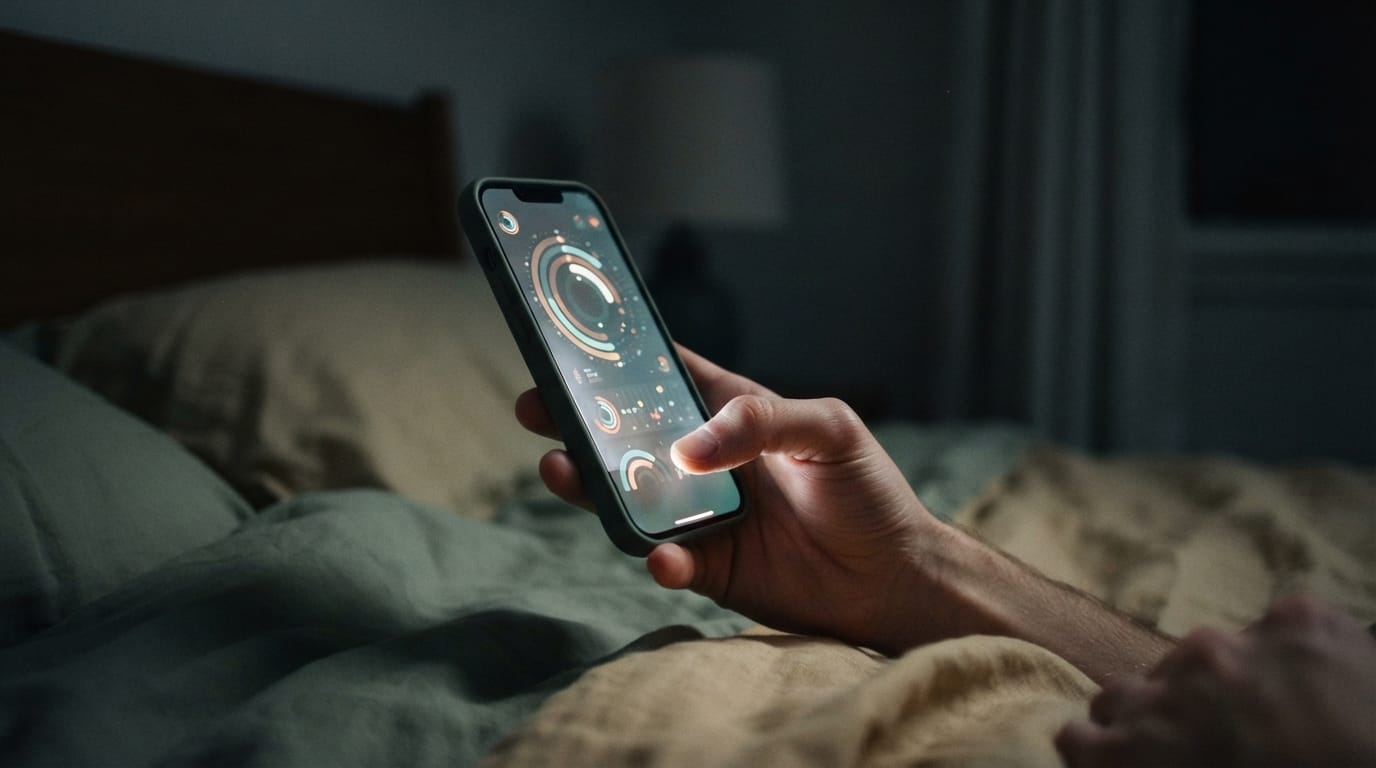 A hand holding a phone glowing with abstract health-dashboard rings in the dark, evoking the biomarker-tracking loop in Menlo Park