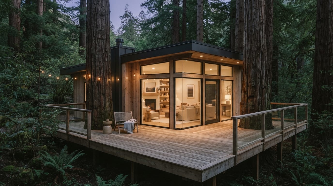 A serene wooden deck home nestled among redwoods with a warm interior glow at dusk, evoking Mill Valley