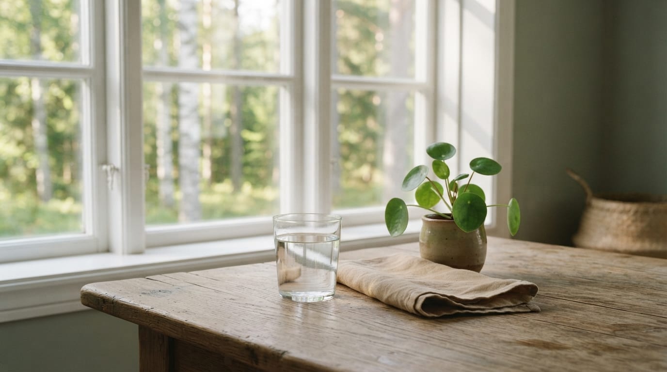 Calm morning light on a simple table with tea and a plant, evoking relief and clinical clarity in Mill Valley