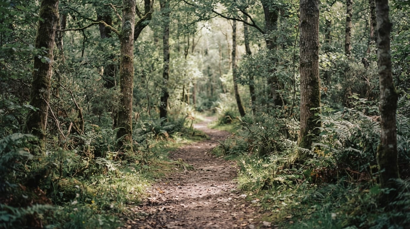 A quiet forest path dappled in shifting light, peaceful yet solitary, evoking Mill Valley