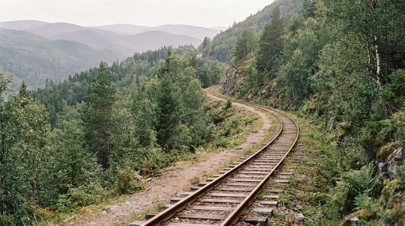 A vintage narrow-gauge railway track curving up a forested mountainside, evoking Mill Valley’s history