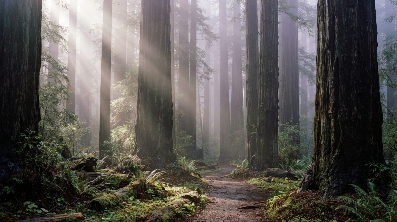 Towering coast redwoods with sun shafts through morning mist, evoking Mill Valley