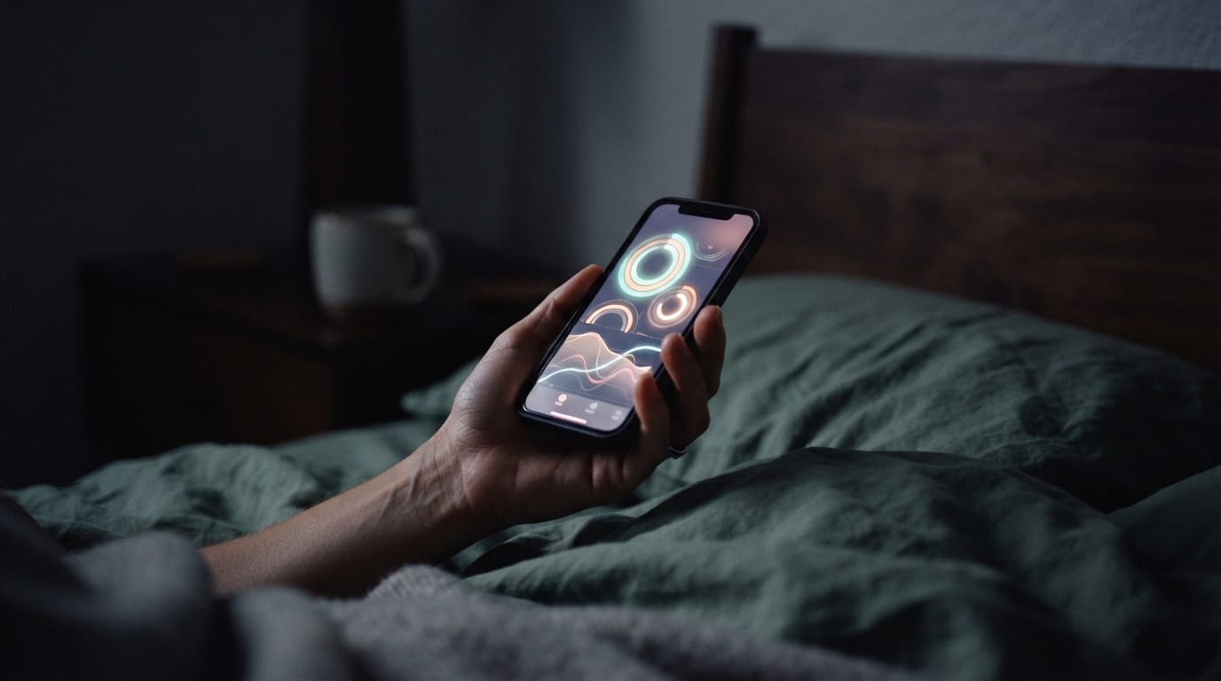 A hand holding a phone glowing with abstract health-dashboard rings in the dark, evoking self-tracking in Mill Valley