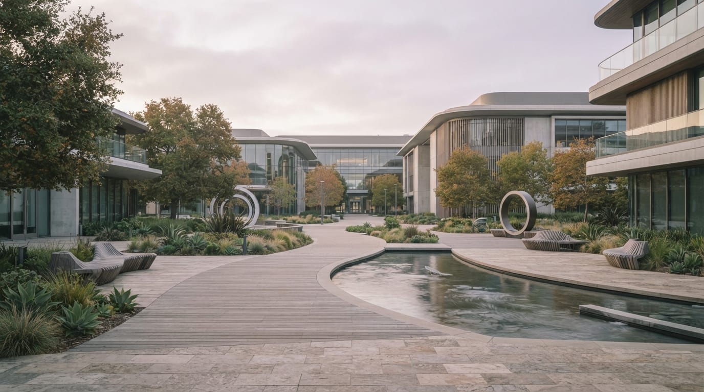 A colorful but empty modern tech campus plaza in soft morning light, evoking Mountain View’s Google-anchored economy