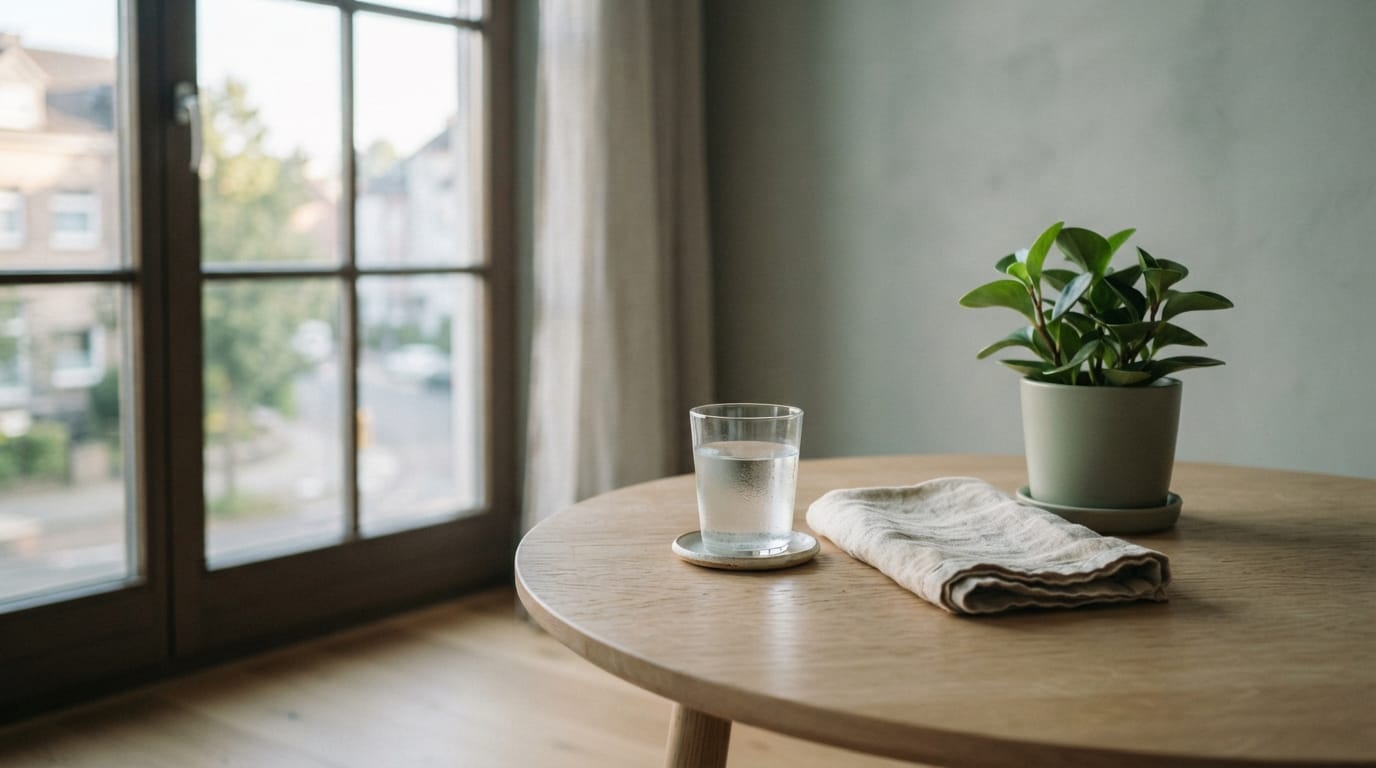 Calm morning light on a simple table with a glass of water, evoking relief and clinical clarity in Mountain View