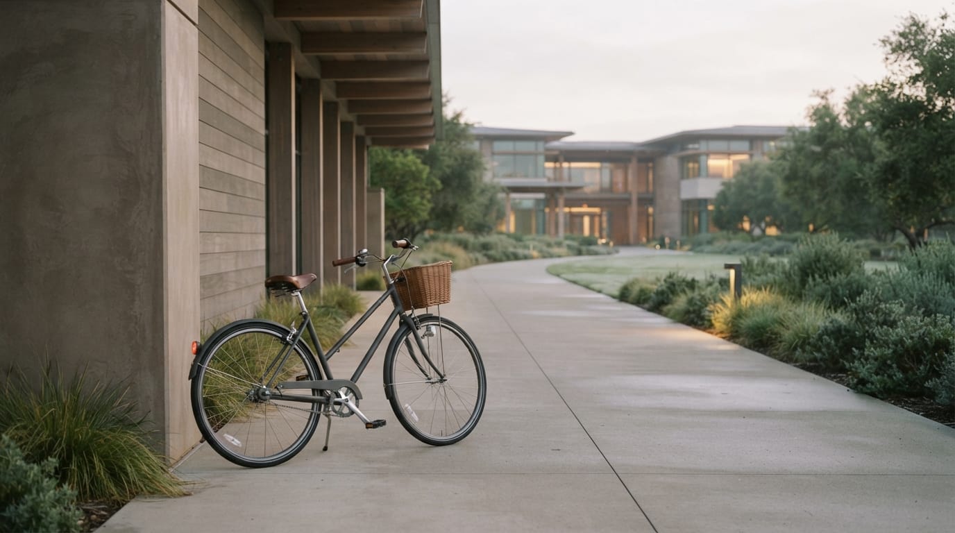 A lone bicycle leaning on a wide empty corporate campus path at dawn, evoking isolation in Mountain View