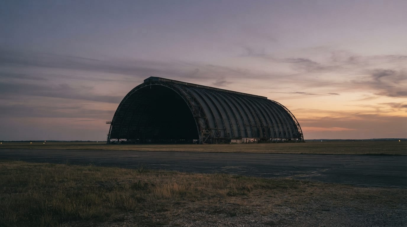 A vast vintage airship hangar silhouette against a dusk sky, evoking Mountain View’s aerospace and research heritage