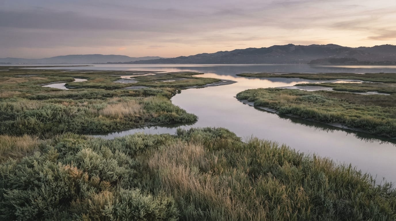 San Francisco bay salt marsh and wetlands at dawn with distant hills, evoking Mountain View