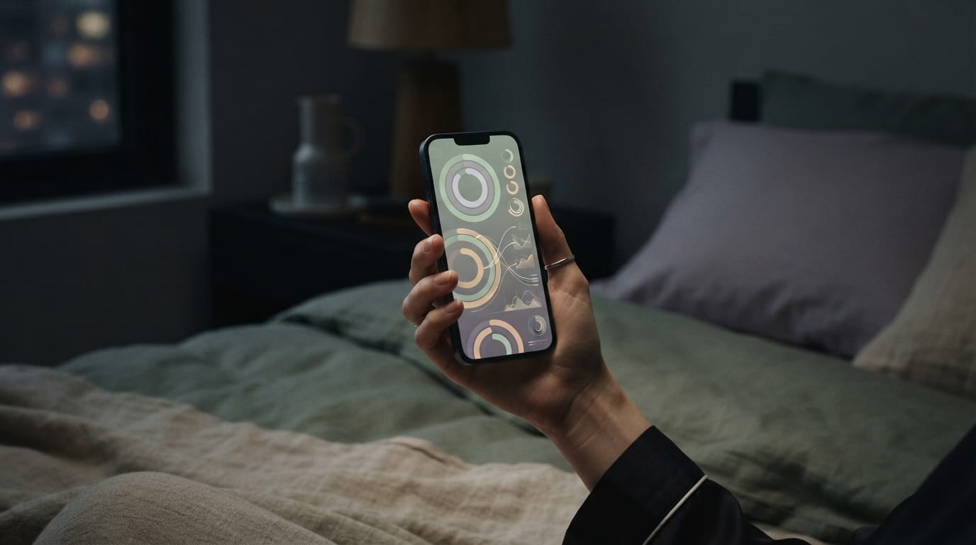 A hand holding a phone glowing with abstract health-dashboard rings in the dark, evoking the biomarker-tracking loop in Mountain View