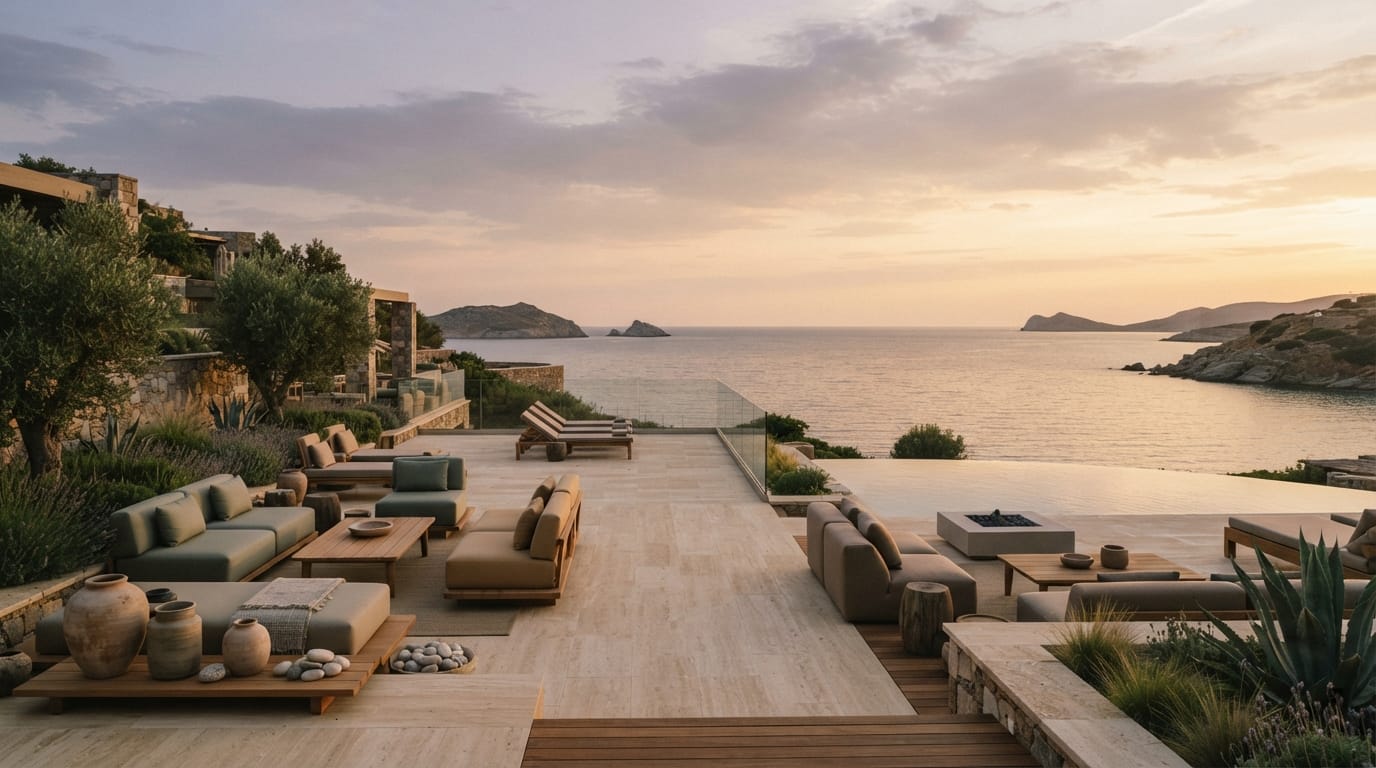 A luxurious empty waterfront terrace at golden hour, wealth and calm, evoking Newport Beach