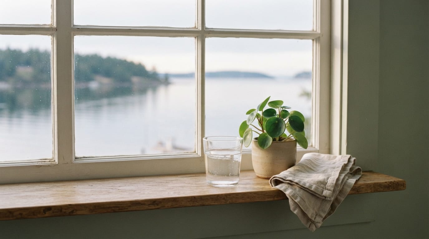 Calm morning light on a simple table with a glass of water, evoking relief and clinical clarity in Newport Beach