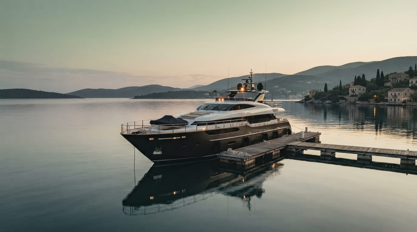 A single moored yacht on still harbor water at dawn, opulent and solitary, evoking Newport Beach