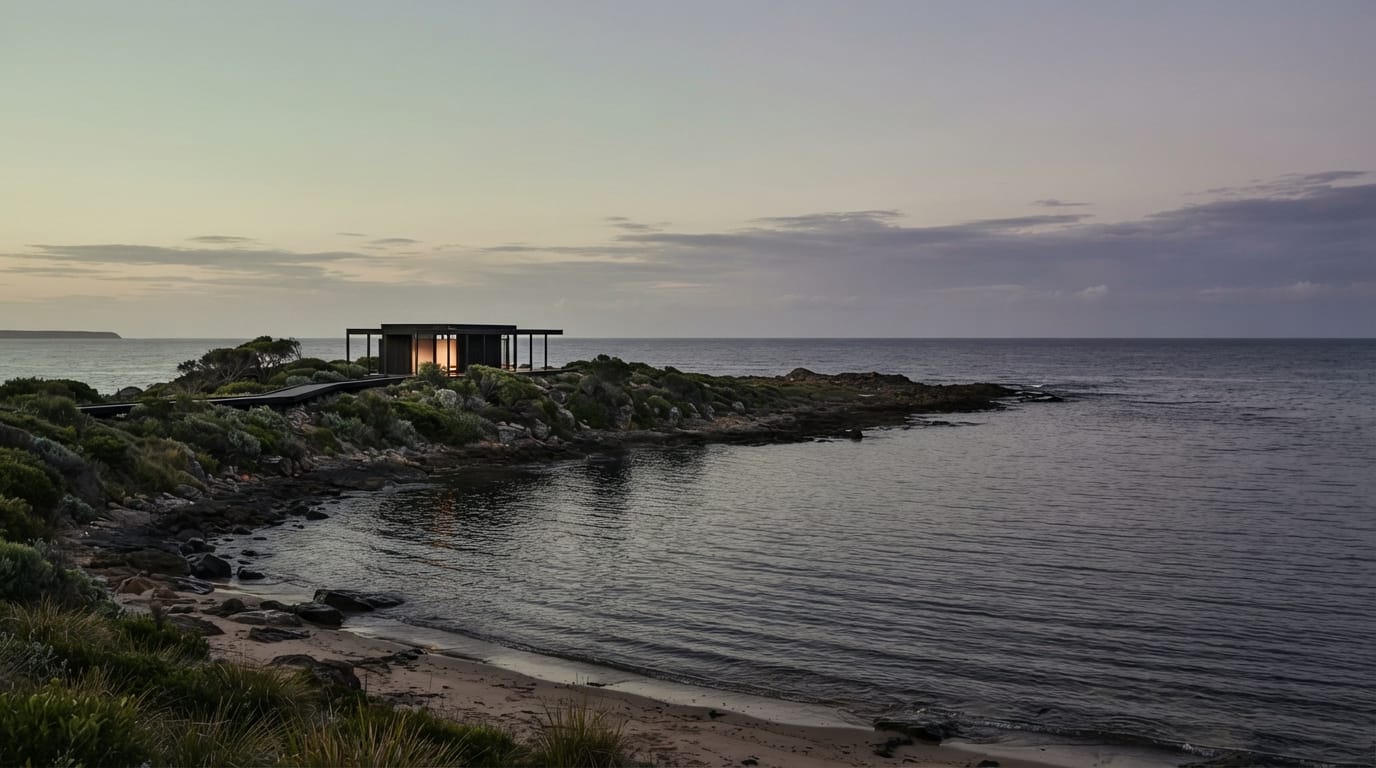 An elegant coastal peninsula and pavilion silhouette at dusk, evoking Newport Beach