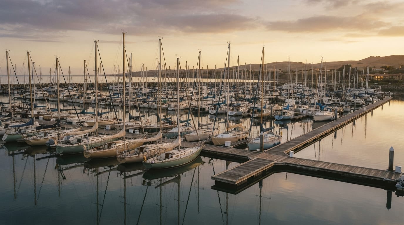 A yacht harbor full of sailboats at golden hour with masts still on calm water, evoking Newport Beach