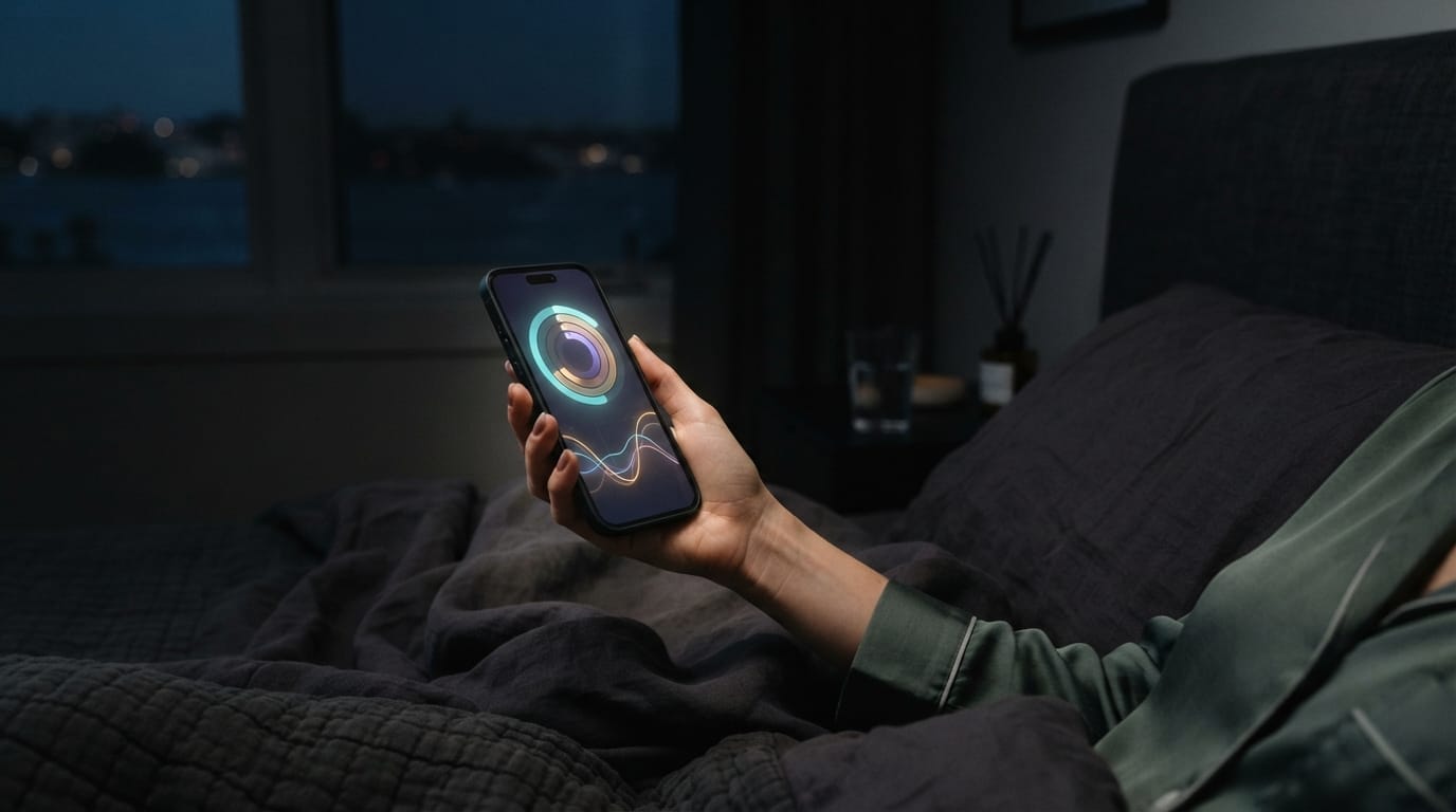 A hand holding a phone glowing with abstract health-dashboard rings in the dark, evoking the biomarker-tracking loop in Newport Beach