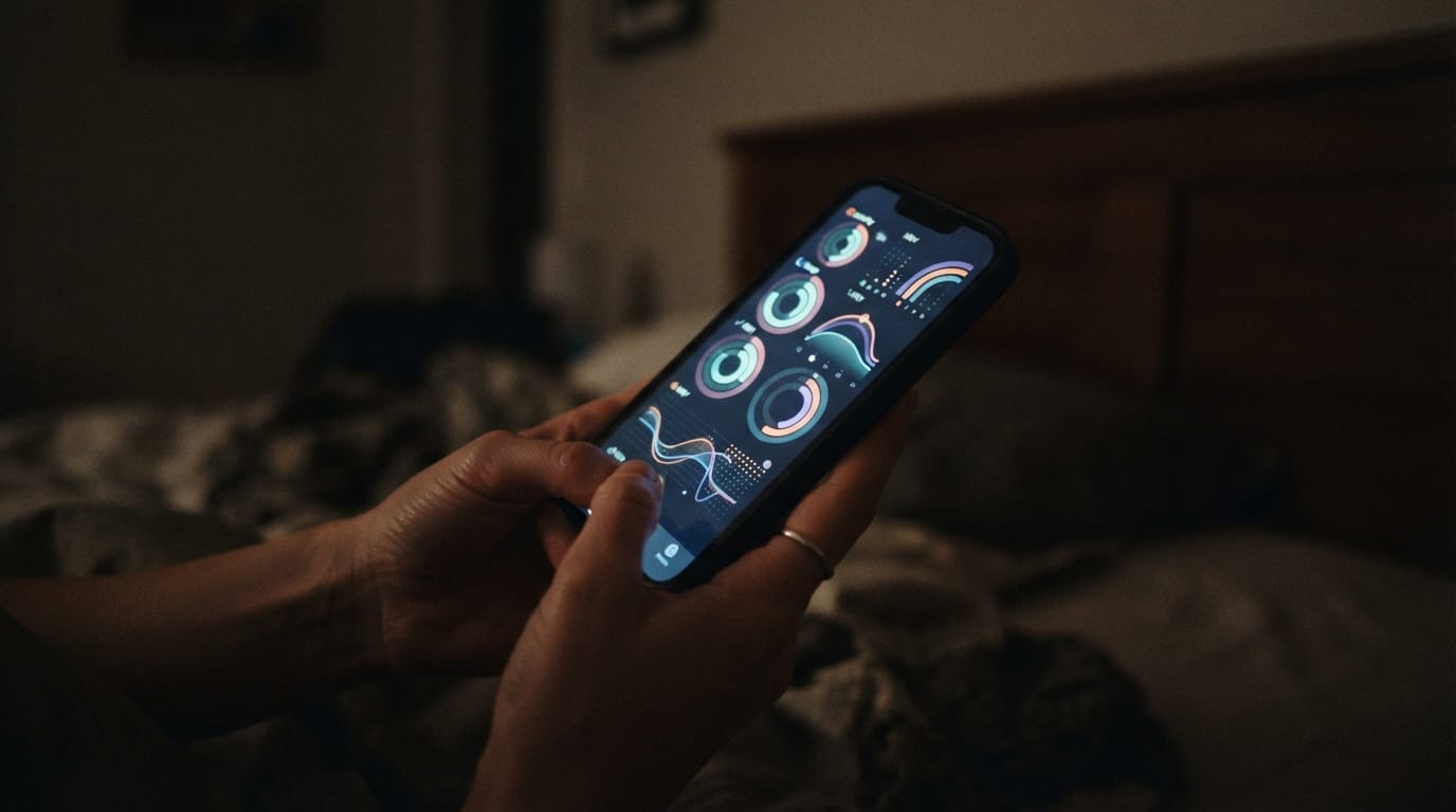 A hand holding a phone glowing with abstract health-dashboard rings in a dark bedroom, evoking the biomarker-obsession loop