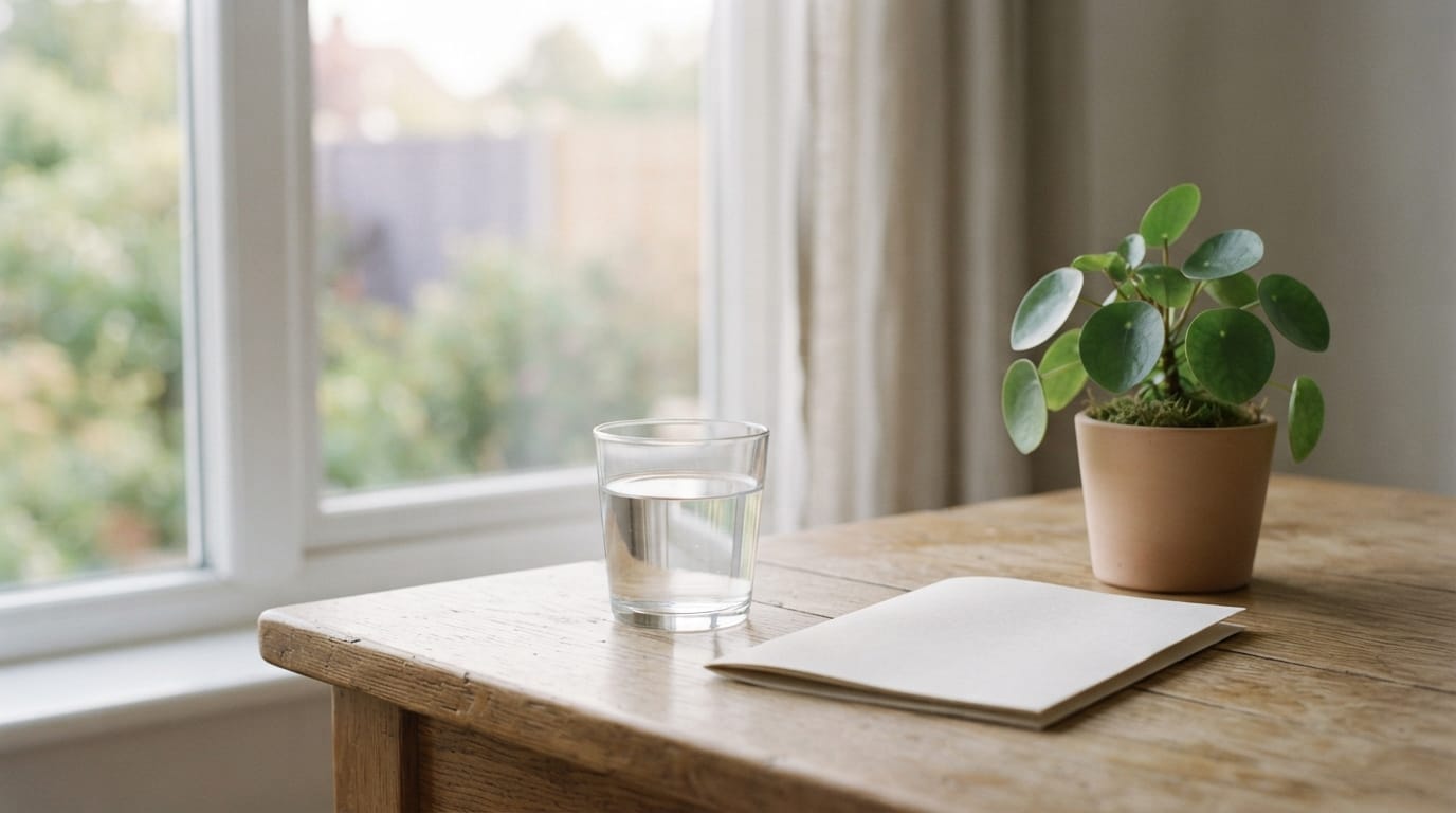 Calm morning light on a simple table with a glass of water, evoking relief and clinical clarity