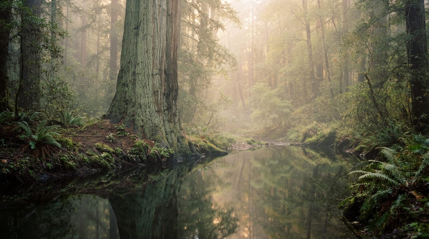 A lone ancient coast redwood beside a still creek at dawn, evoking El Palo Alto, the thousand-year-old tree the city is named for